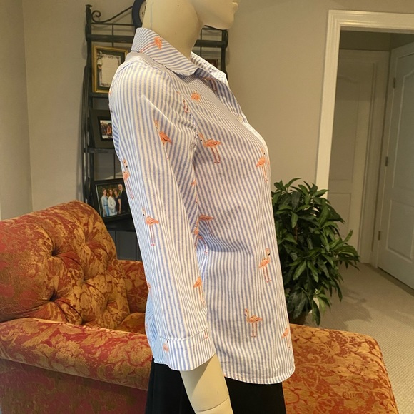 Chico’s Seersucker Blue & White Striped Summer Blouse - Picture 9 of 9